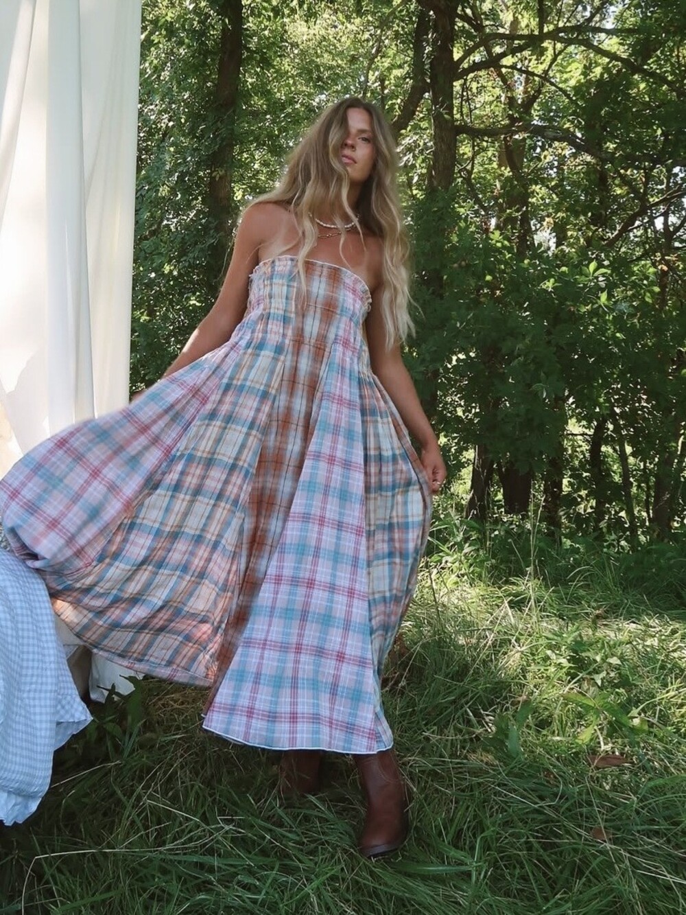 Oli & Hali Mineral Wash Patchwork Plaid Smock Convertible Midi Dress Maxi Skirt - Picture 4 of 15